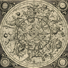 Naklejka premium An antique celestial chart intricately depicts constellations, astrological symbols, and astronomical diagrams, evoking a sense of historical discovery and cosmic wonder.