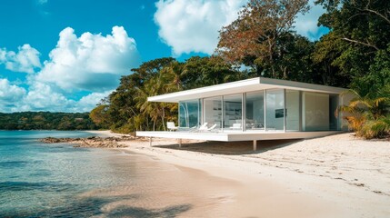Obraz premium Modern Beachfront Villa With Glass Walls Surrounded by Lush Landscaping on a Sunny Tropical Day
