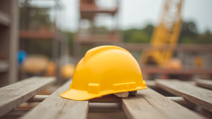 Bright yellow hard hat resting on wooden planks at a construction site with blurred background of cranes and equipment