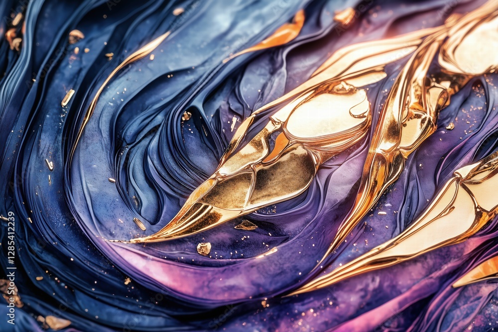 Poster an abstract close-up of swirling blue and purple textures with golden accents, creating a luxurious 