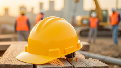 Yellow hard hat on wooden surface with construction workers in background during sunset at a construction site highlighting safety in labor