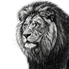 Fototapeta premium A striking black and white lion portrait features intricate line work. This powerful illustration embodies the strength, majesty, and regal nature of the king of the jungle.