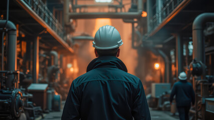 Industrial worker observing machinery in a factory setting, surrounded by pipes and equipment under warm ambient lighting and a hazy atmosphere