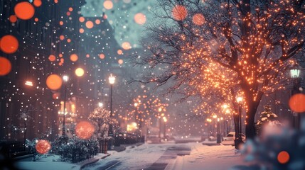 A magical Christmas Eve in the city, with snowy streets, bright trees, and soft, blurred lights in the background creating an abstract winter scene.