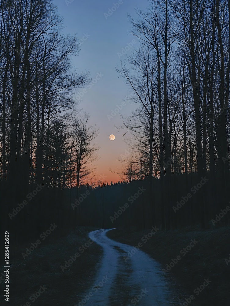 Poster crisp moonrise peeking through bare trees along a winding forest path at dusk : generative ai