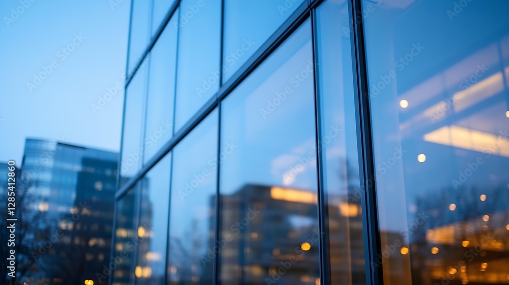 Poster modern glass architecture reflecting the urban skyline at dusk with blurred lights creating an artis
