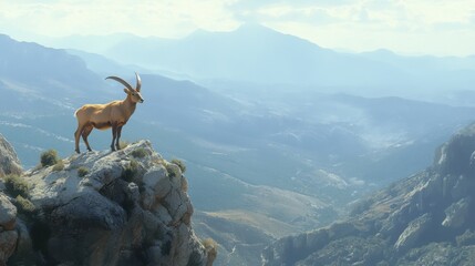 A male Iberian ibex standing proud on a high peak, overlooking the vast and rugged Sierra de Gredos landscape.