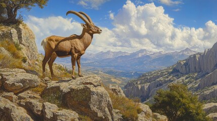Obraz premium A male Iberian ibex surveying its surroundings from a high vantage point in the rocky wilderness of the Sierra de Gredos.