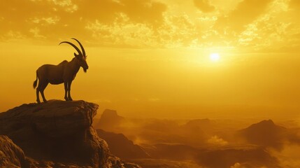 A male Nubian ibex standing boldly on a high ridge in Eritrea, framed by the golden glow of a desert sunrise.
