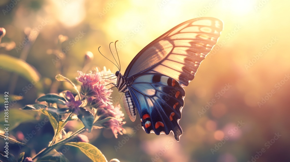 Poster A vibrant macro shot of a colorful butterfly resting on a flower, highlighting its delicate wings and intricate patterns in bright sunlight
