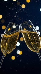 Two champagne glasses toasting with sparkling lights on bokeh background. Happy New Year concept