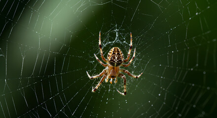 A patterned orb-weaver spider patiently waits in the center of its intricate web against a blurred green backdrop, a study in nature's predatory artistry.
