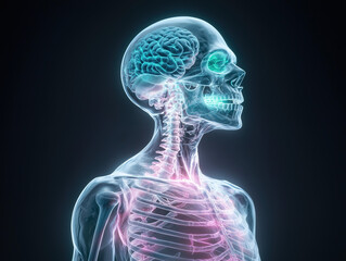 A full-body diagram showing a transparent figure, with the vibrant skeleton at its core