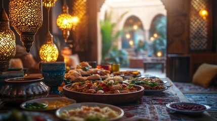 Fototapeta premium People gathering for Iftar in a cozy living room, with a wooden table full of traditional dishes, soft golden light from the lanterns 