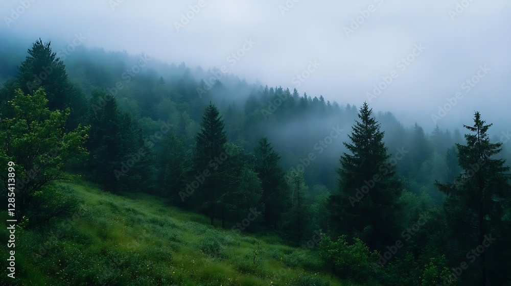 Poster Mysterious Misty Forest Landscape with Lush Greenery and Trees in the Mountains : Generative AI