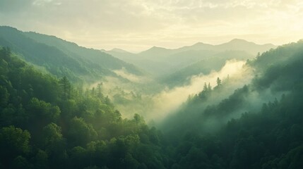 A misty sunrise over the Smoky Mountains, with layers of green ridges and valleys bathed in warm spring light.
