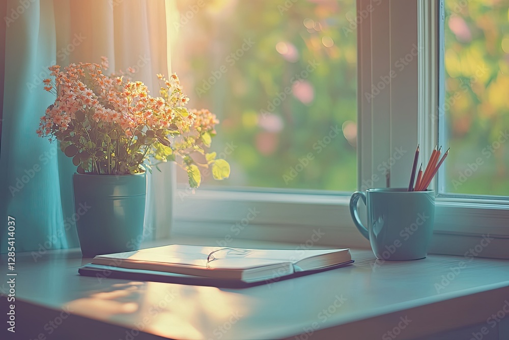 Poster high quality image of desk arrangement with notebook