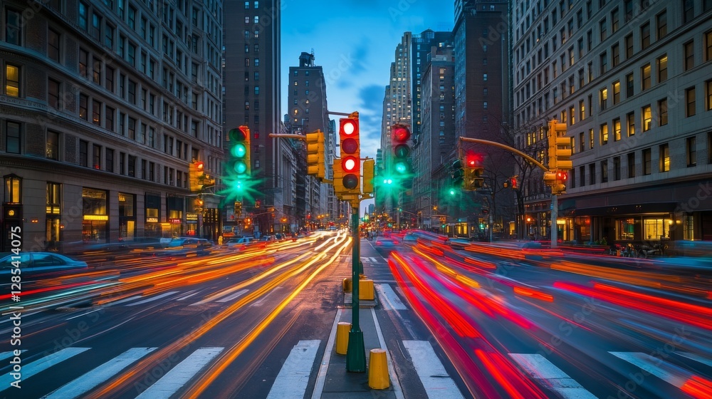 Leinwandbilder a wide-angle view of multiple traffic lights at an intersection, showcasing various colors, with car