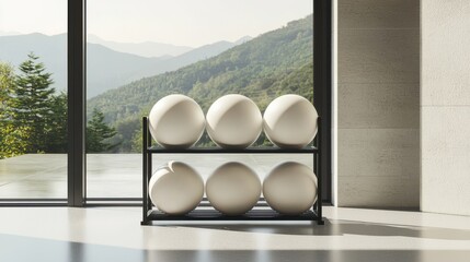 Minimalist 3D Rendering of a Sleek Medicine Ball Rack in a Modern Interior with Scenic Mountain View