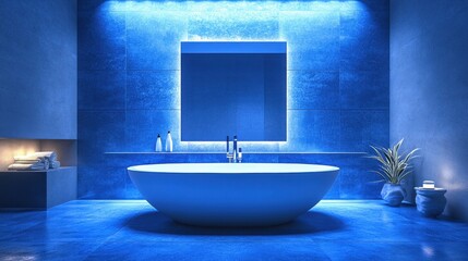 A modern luxury blue bathroom with sleek marble tiles, a freestanding tub, and a large frameless mirror, illuminated by soft ambient lighting.