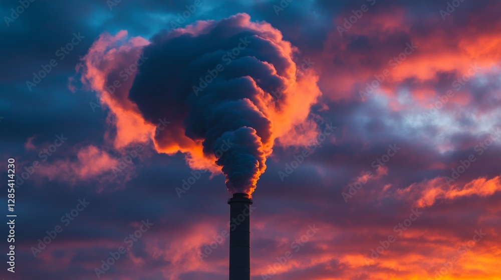 Poster black smoke slowly dispersing into the atmosphere from a factory stack, mixing with a dramatic sunse