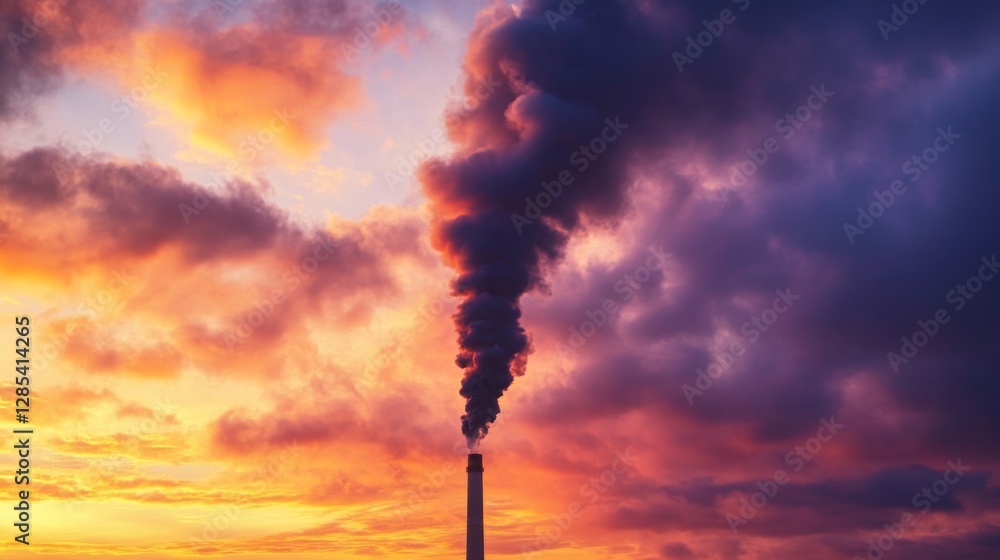 Poster black smoke slowly dispersing into the atmosphere from a factory stack, mixing with a dramatic sunse