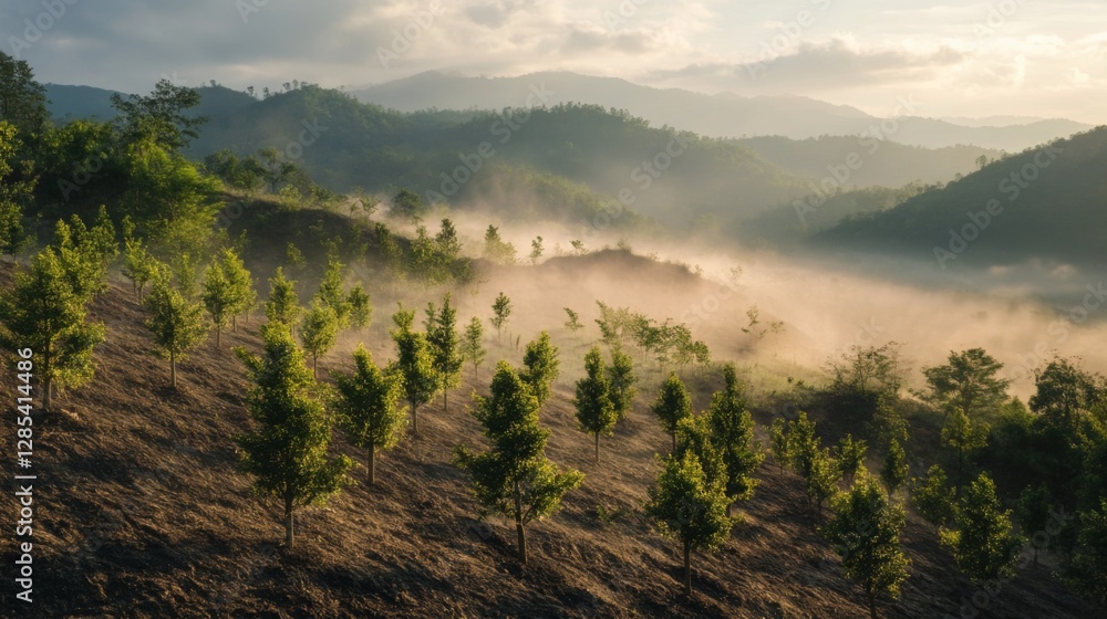 Poster newly planted rows of saplings on a hillside, with a soft morning mist hovering over the landscape, 