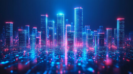 Obraz premium A futuristic neon hologram interface displays a conceptual blueprint for modern residential construction, symbolizing innovation, smart technology, and the future of urban architecture