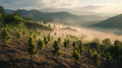 Newly planted rows of saplings on a hillside, with a soft morning mist hovering over the landscape, symbolizing the rejuvenation of deforested land
