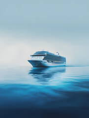 A majestic cruise ship glides across tranquil, azure waters under a serene sky, promising a luxurious voyage and unforgettable ocean adventure in understated elegance.