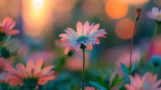 beautiful pink daisy flower blossoming field with bokeh light dreamy atmosphere spring time	
