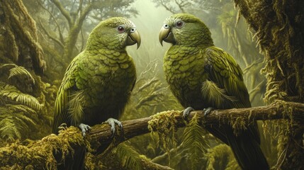 Obraz premium A pair of elusive kakapos perched on the branches of a New Zealand forest, their mossy green feathers blending with the foliage.