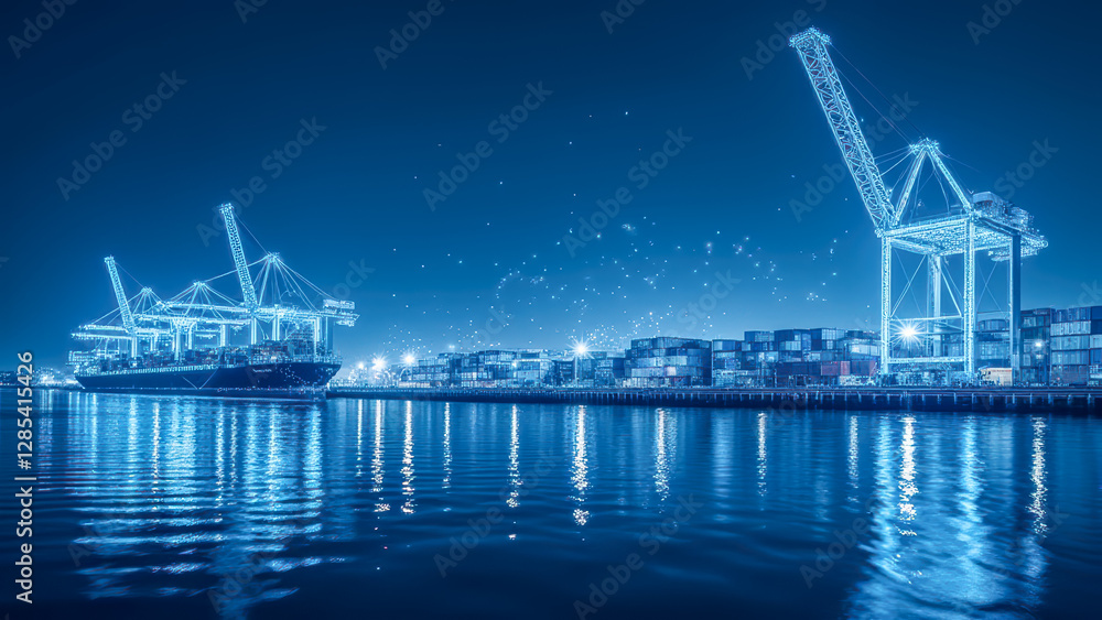 Poster nighttime port scene featuring container ships and cranes under illuminated sky with reflections on 