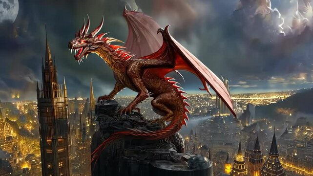 a red dragon on the rock cliff with urban cityscape as background bellow