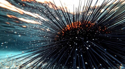 Closeup Underwater Sea Urchin With Radiating Spines