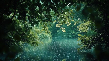 Obraz premium A peaceful nature scene with water droplets on lush green leaves, framed by a dark, mysterious backdrop, perfect for nature-inspired photography.
