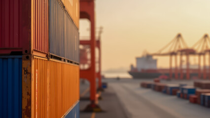 Colorful cargo containers lined up at a busy port during sunset with cranes and ships in the background, illustrating maritime logistics and transportation
