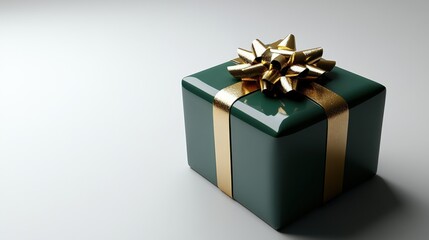Obraz premium A perfectly wrapped green present with a glossy gold bow, set against a plain white background for a classic and simple holiday image.
