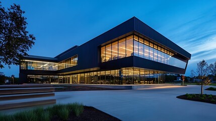 Obraz premium Modern Architectural Marvel Glowing at Dusk with Aesthetic Appeal and Innovative Design : Generative AI