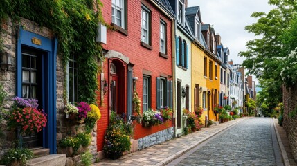 Obraz premium A picturesque cobblestone street lined with vibrant townhouses and flower boxes, evoking a charming European ambiance.