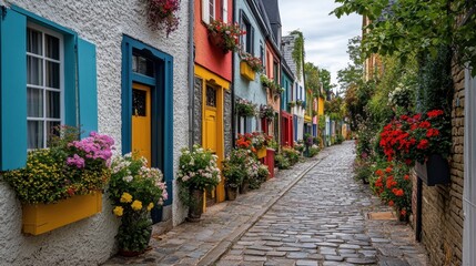 Naklejka premium A picturesque cobblestone street lined with vibrant townhouses and flower boxes, evoking a charming European ambiance.