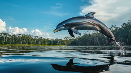 Obraz premium A playful river dolphin leaping above the water's surface in the Amazon, its smooth body and unique features visible under the clear blue sky.