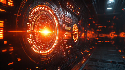 Futuristic abstract HUD interface with glowing holographic elements and data streams Symbolizing advanced technology artificial intelligence and digital innovation in a sci-fi virtual environment

