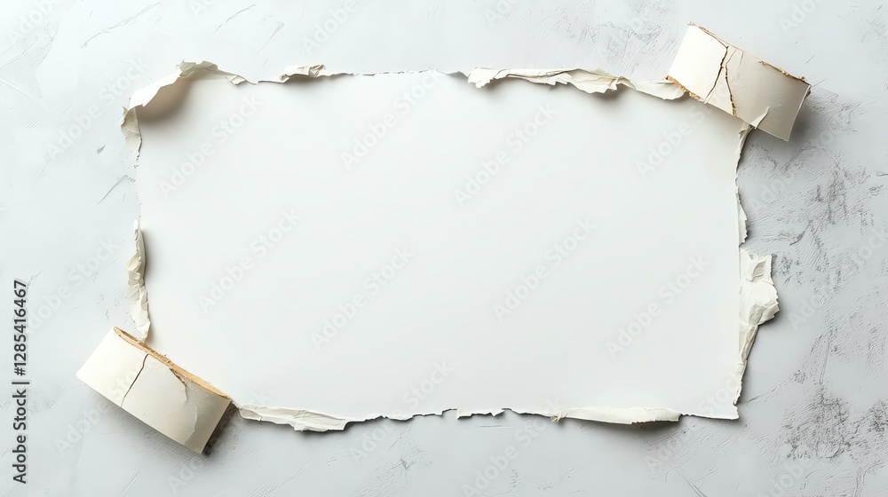 Poster blank paper sheet framed by torn edges, creating a textured border on a light surface.