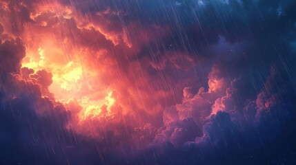 Fototapeta premium A rainstorm with rays of sunlight piercing through the dark clouds, casting a beautiful glow and creating a striking contrast in the sky.