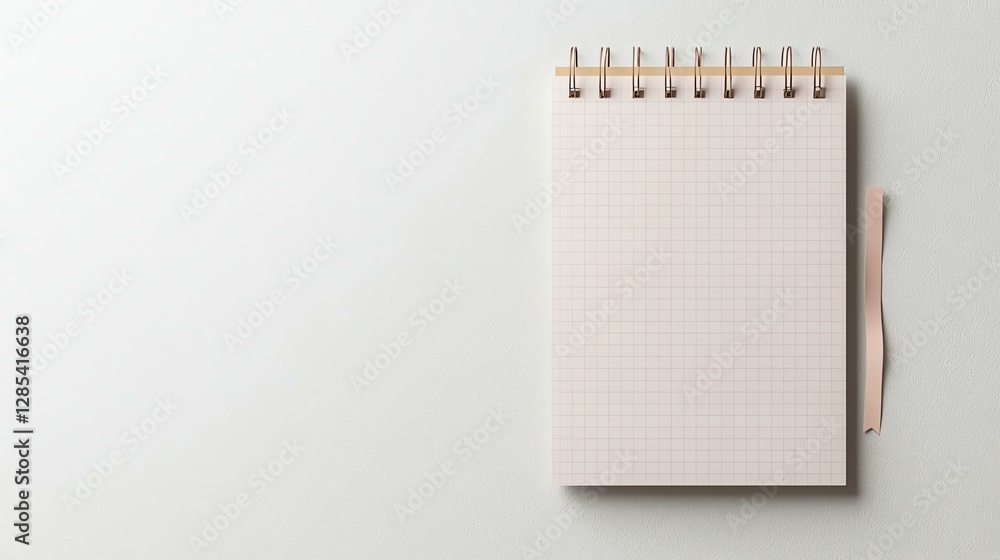 Poster top view of open notebook with grid pages on a light background, ready for notes.