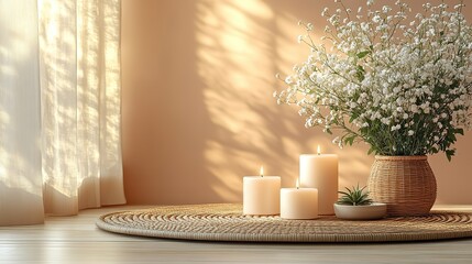 A top view photo of a craft paper envelope, paper sheet, candles on a rattan placemat, and white lagurus flowers, arranged on an isolated beige background with copyspace.