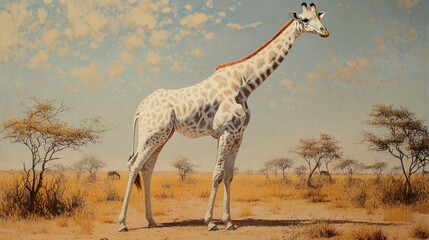 Fototapeta premium A rare and majestic white giraffe standing tall in the African savanna, its pale coat shimmering under the warm sun, surrounded by sparse trees.