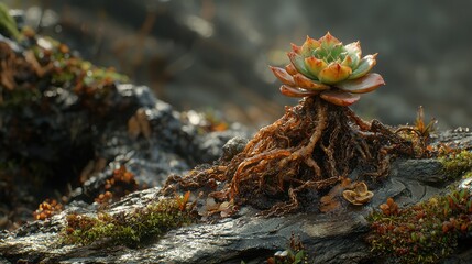 Isolated Succulent Plant Growing on Rock with Exposed Root System