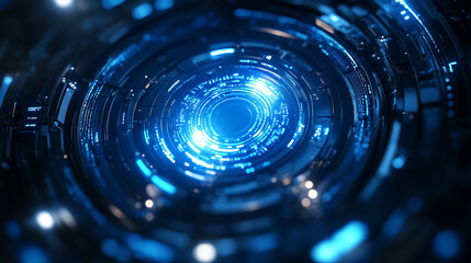 Futuristic abstract HUD interface with glowing holographic elements and data streams Symbolizing advanced technology artificial intelligence and digital innovation in a sci-fi virtual environment

